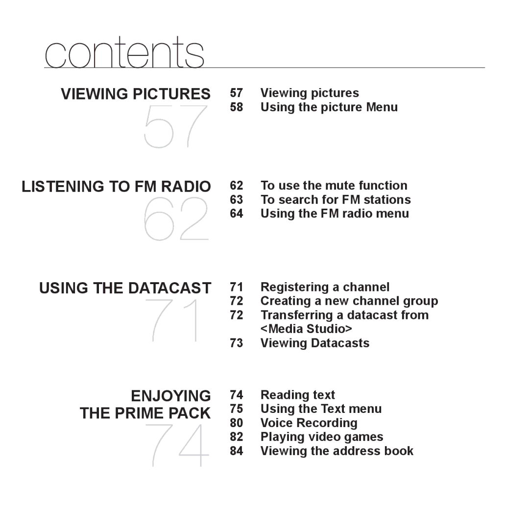 Samsung YP-T10JQW/XET Viewing pictures Using the picture Menu, Registering a channel, Media Studio, Viewing Datacasts 