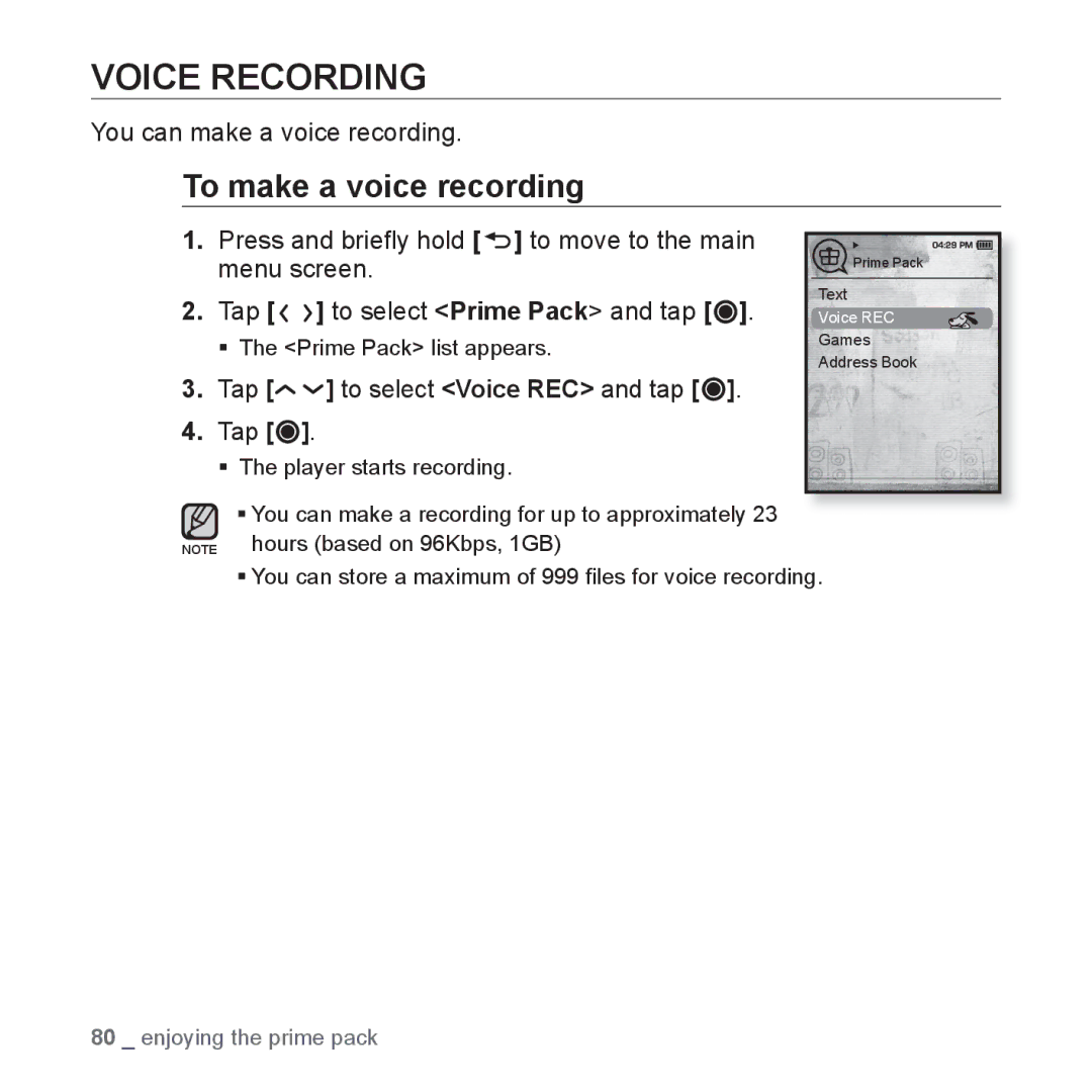 Samsung YP-T10JCW/XEF, YP-T10JQB/XEF manual Voice Recording, To make a voice recording, You can make a voice recording 