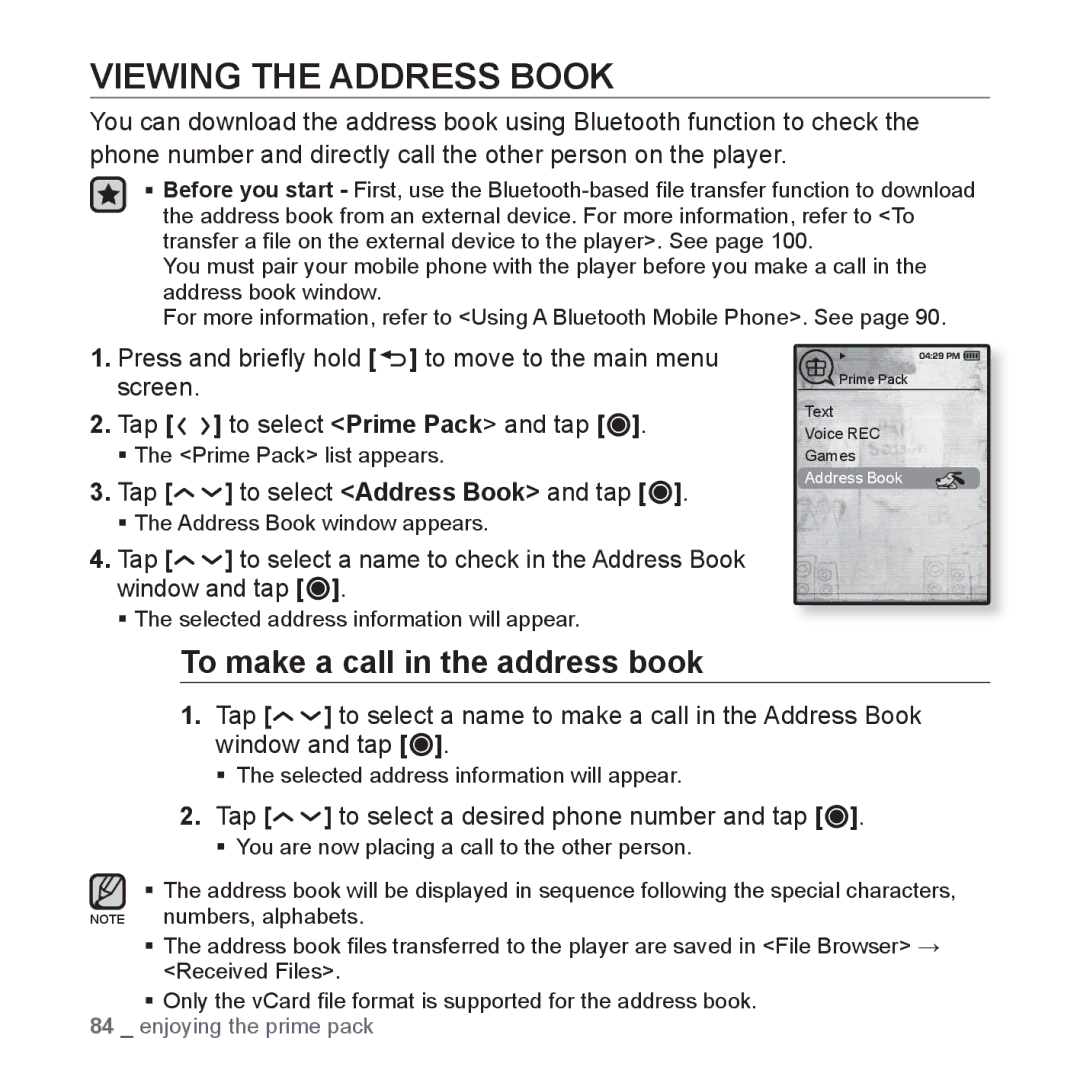 Samsung YP-T10JAB/XEF Viewing the Address Book, To make a call in the address book, Tap to select Address Book and tap 