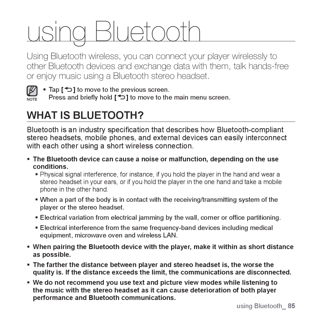 Samsung YP-T10JCB/XEF, YP-T10JCW/XEF, YP-T10JQB/XEF, YP-T10JQBH/XEF, YP-T10JABH/XEF manual Using Bluetooth, What is BLUETOOTH? 