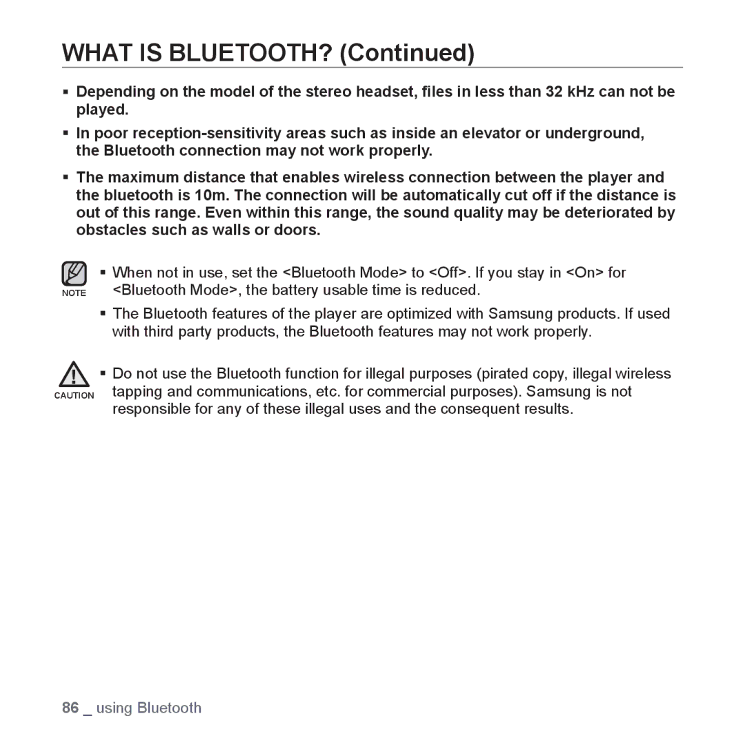 Samsung YP-T10JQU/XET, YP-T10JCW/XEF, YP-T10JQB/XEF, YP-T10JQBH/XEF, YP-T10JABH/XEF, YP-T10JAB/XEF manual What is BLUETOOTH? 