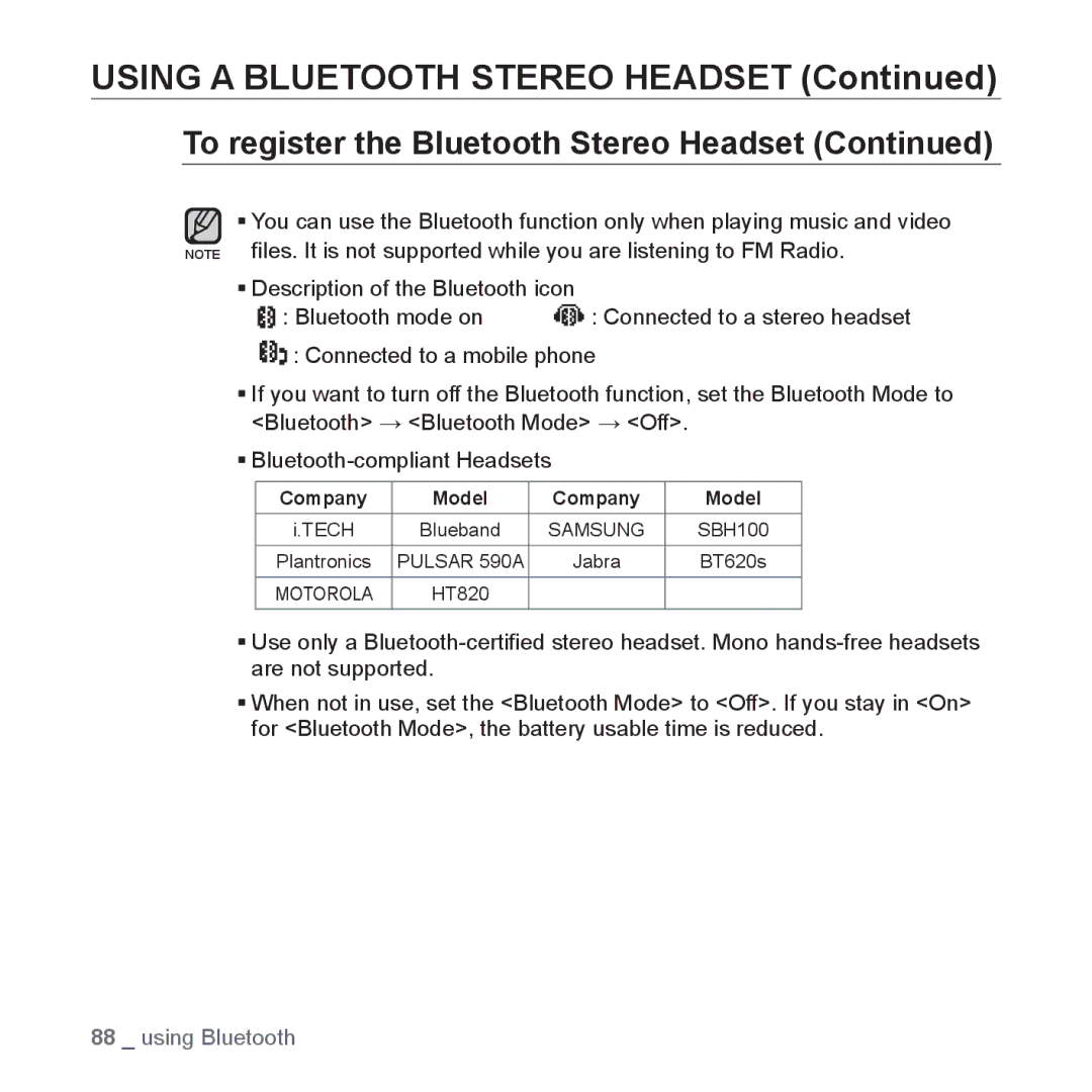 Samsung YP-T10JQW/XET, YP-T10JCW/XEF, YP-T10JQB/XEF, YP-T10JQBH/XEF, YP-T10JABH/XEF manual Using a Bluetooth Stereo Headset 