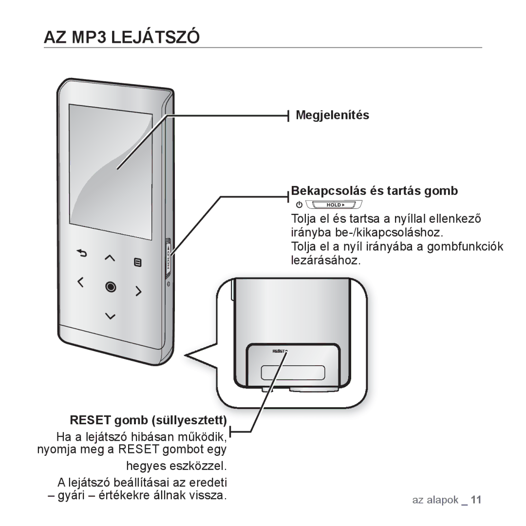 Samsung YP-T10JQW/XEO, YP-T10JQU/XET AZ MP3 Lejátszó, Reset gomb süllyesztett, Megjelenítés Bekapcsolás és tartás gomb 