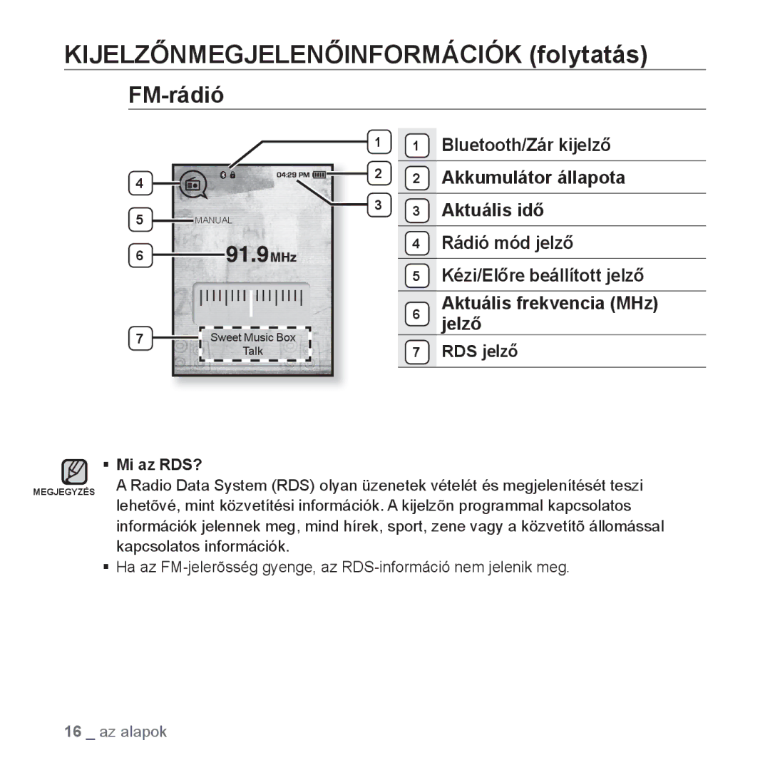 Samsung YP-T10JQR/XEO, YP-T10JQU/XET, YP-T10JAG/XET, YP-T10JQW/XET manual FM-rádió, Akkumulátor állapota, Rádió mód jelző 