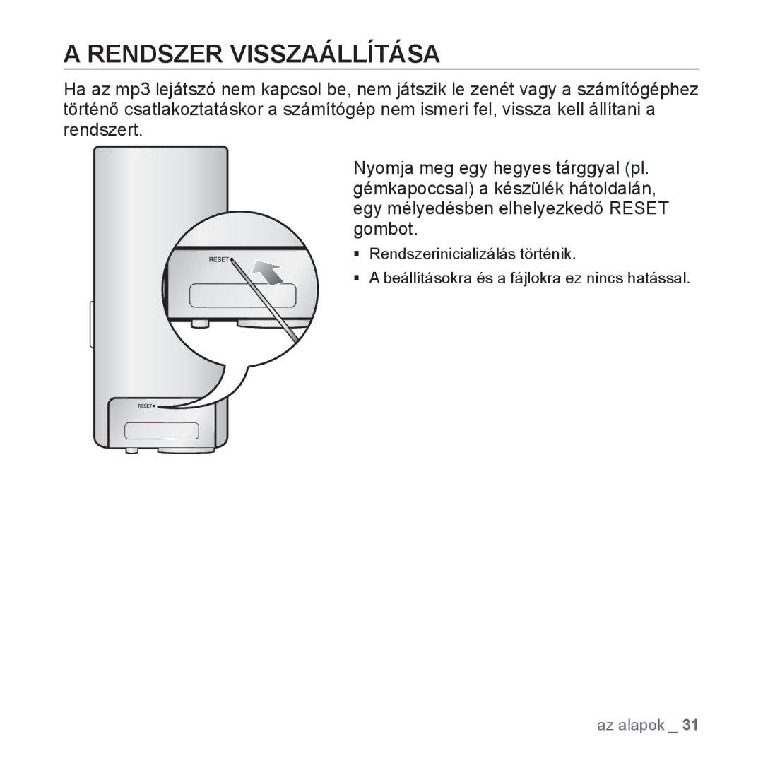 Samsung YP-T10JQB/XET, YP-T10JQU/XET, YP-T10JAG/XET, YP-T10JQW/XET, YP-T10JAB/XET, YP-T10JAW/XET manual Rendszer Visszaállítása 