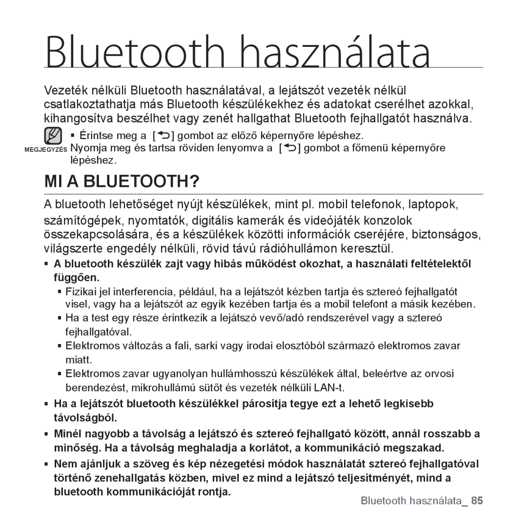 Samsung YP-T10JAR/XET, YP-T10JQU/XET, YP-T10JAG/XET, YP-T10JQW/XET, YP-T10JAB/XET manual Bluetooth használata, MI a BLUETOOTH? 