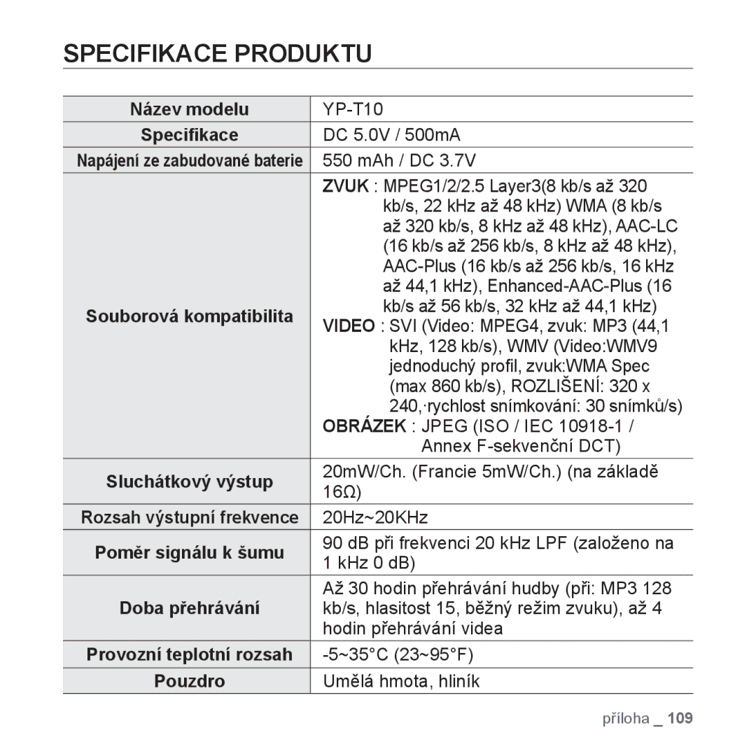 Samsung YP-T10JCB/XEO, YP-T10JQW/XEO, YP-T10JAB/XEO, YP-T10JQB/XEO, YP-T10JQR/XEO manual Specifikace Produktu, Název modelu 