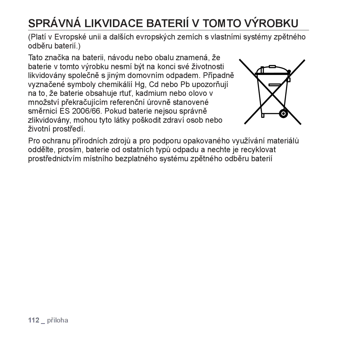 Samsung YP-T10JQR/XEO, YP-T10JQW/XEO, YP-T10JCB/XEO manual Správná Likvidace Baterií V Tomto Výrobku, Životní prostředí 