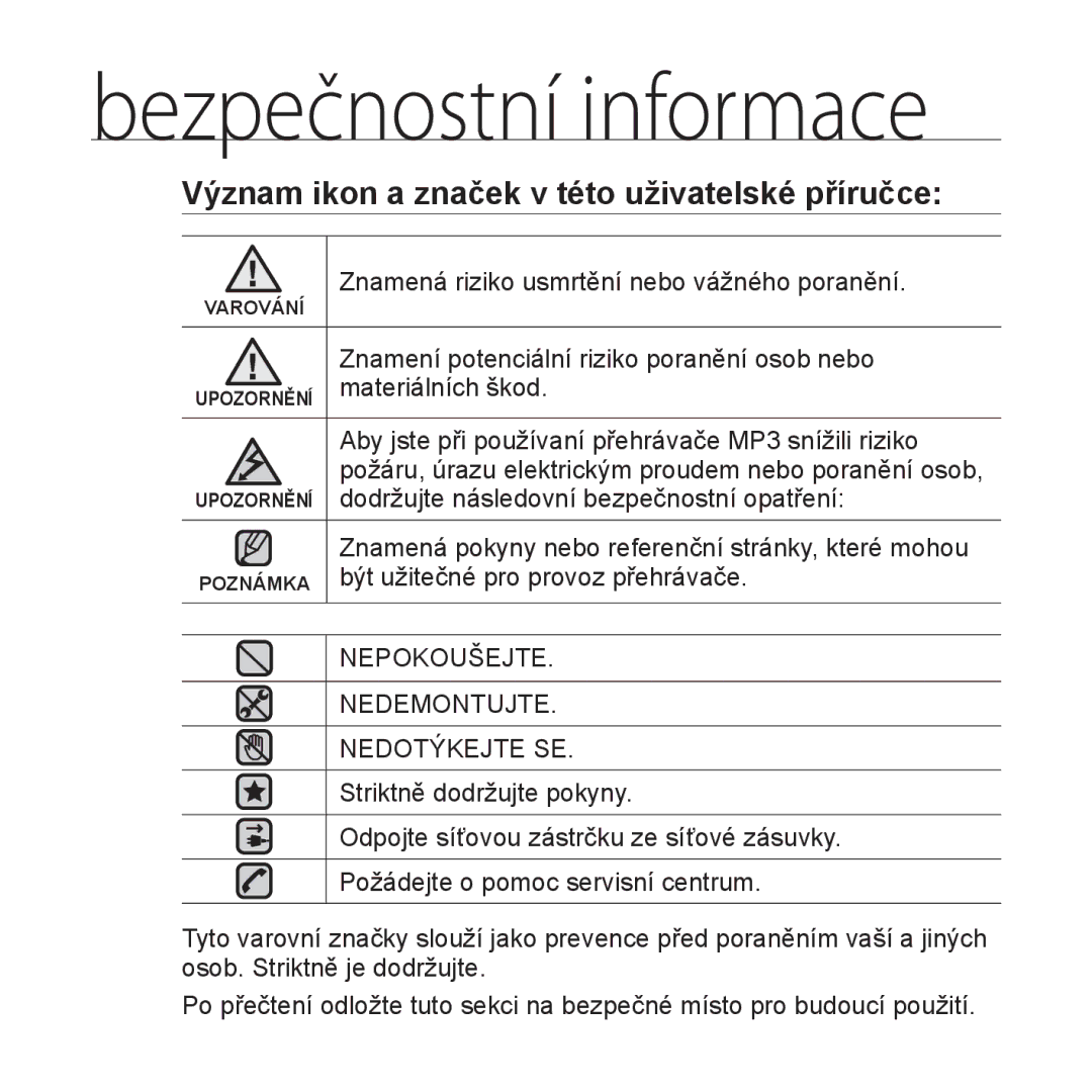 Samsung YP-T10JQB/XEO, YP-T10JQW/XEO, YP-T10JCB/XEO, YP-T10JAB/XEO manual Význam ikon a značek v této uživatelské příručce 