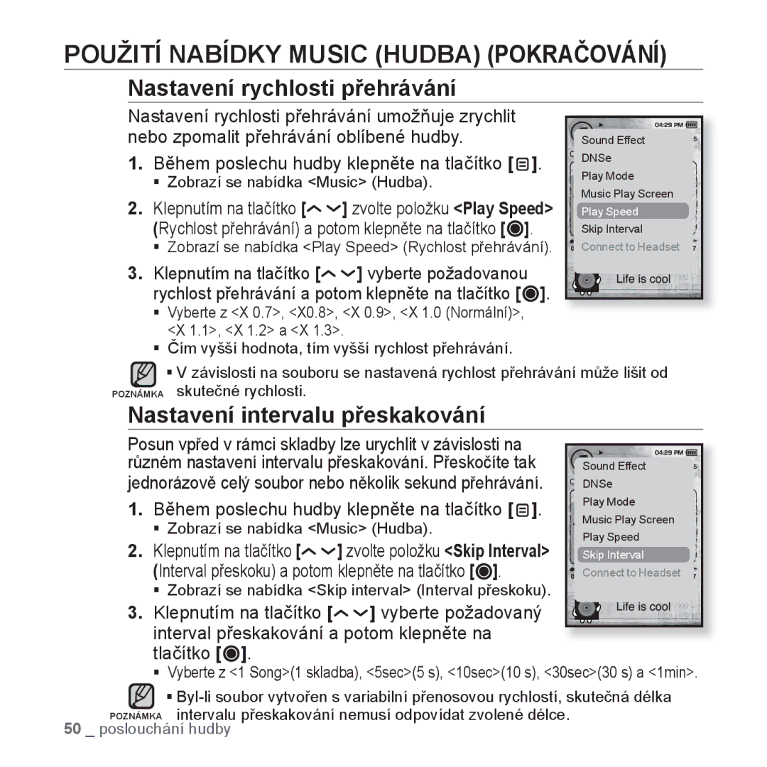 Samsung YP-T10JAB/XEO, YP-T10JQW/XEO, YP-T10JCB/XEO manual Nastavení rychlosti přehrávání, Nastavení intervalu přeskakování 