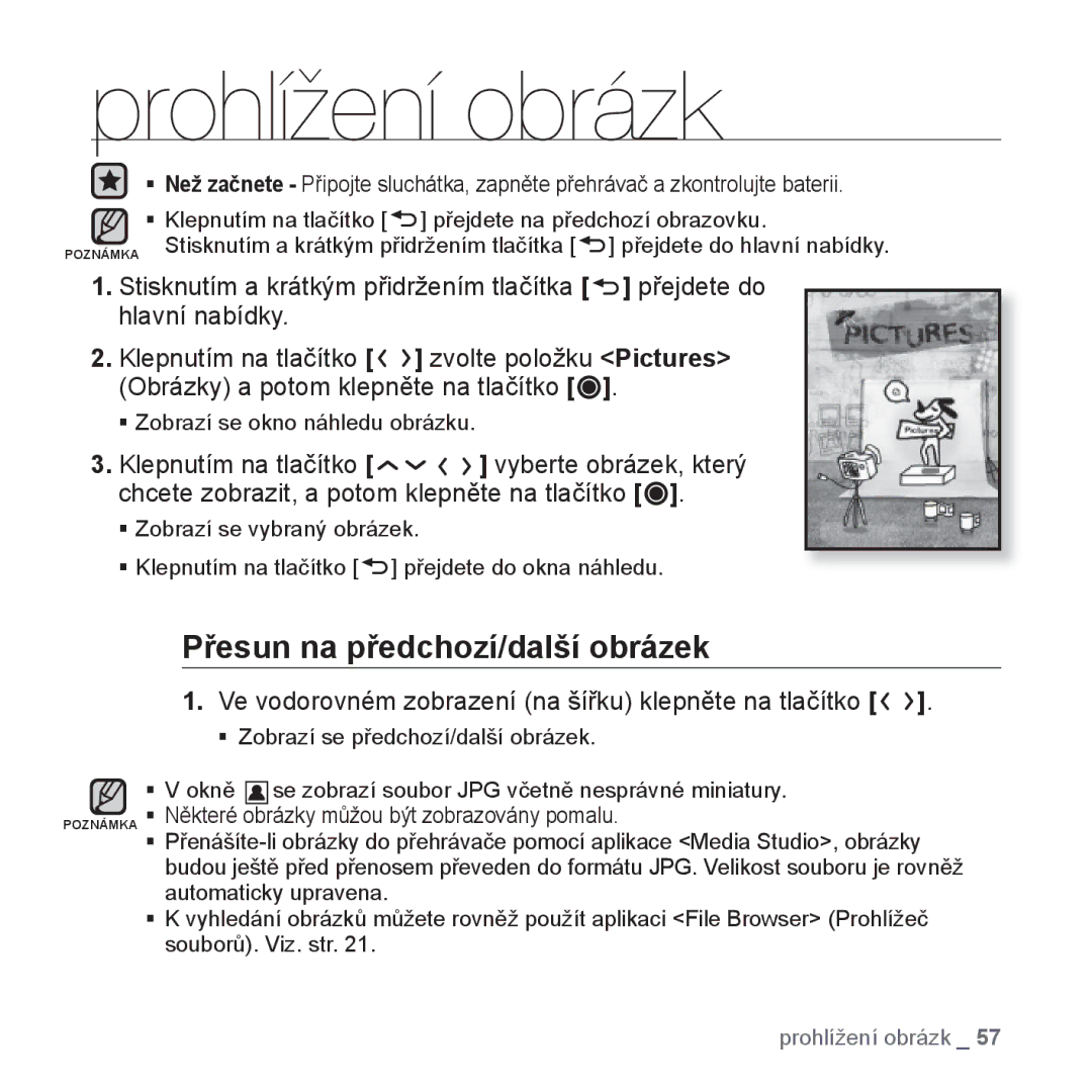 Samsung YP-T10JQB/XEO manual Přesun na předchozí/další obrázek, Ve vodorovném zobrazení na šířku klepněte na tlačítko 