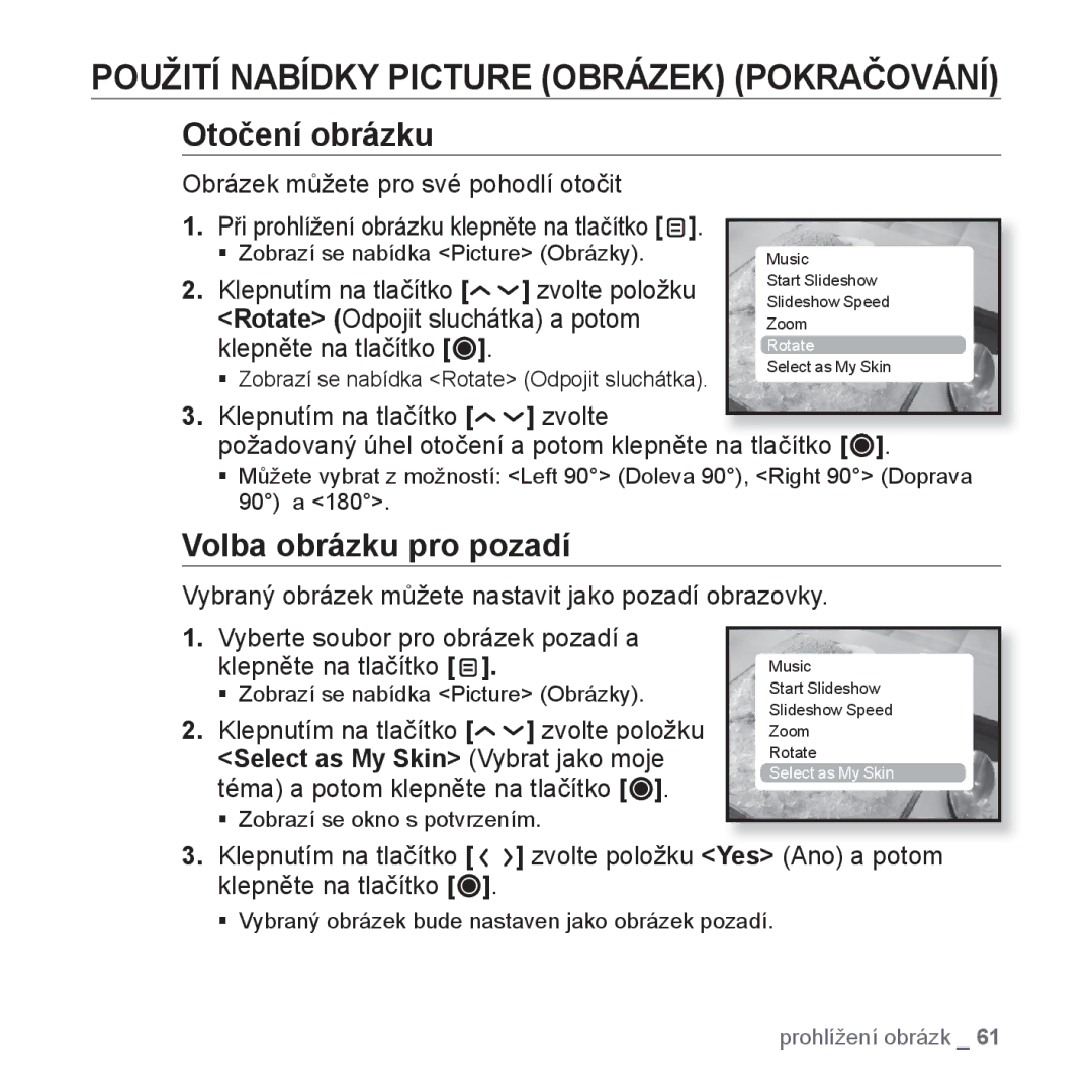 Samsung YP-T10JCB/XEO, YP-T10JQW/XEO, YP-T10JAB/XEO, YP-T10JQB/XEO, YP-T10JQR/XEO Otočení obrázku, Volba obrázku pro pozadí 