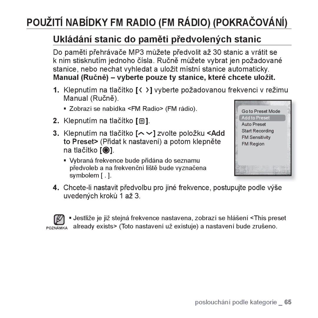 Samsung YP-T10JQG/XEO, YP-T10JQW/XEO, YP-T10JCB/XEO, YP-T10JAB/XEO manual Ukládání stanic do paměti předvolených stanic 