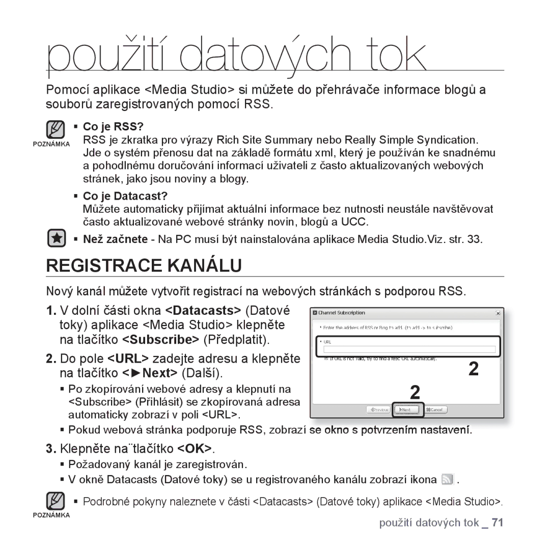 Samsung YP-T10JQG/XEO Registrace Kanálu, Na tlačítko Next Další, Klepněte na¨tlačítko OK, ƒ Co je RSS?, ƒ Co je Datacast? 