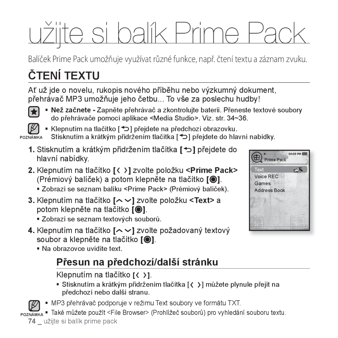 Samsung YP-T10JAB/XEO, YP-T10JQW/XEO, YP-T10JCB/XEO, YP-T10JQB/XEO manual Čtení Textu, Přesun na předchozí/další stránku 