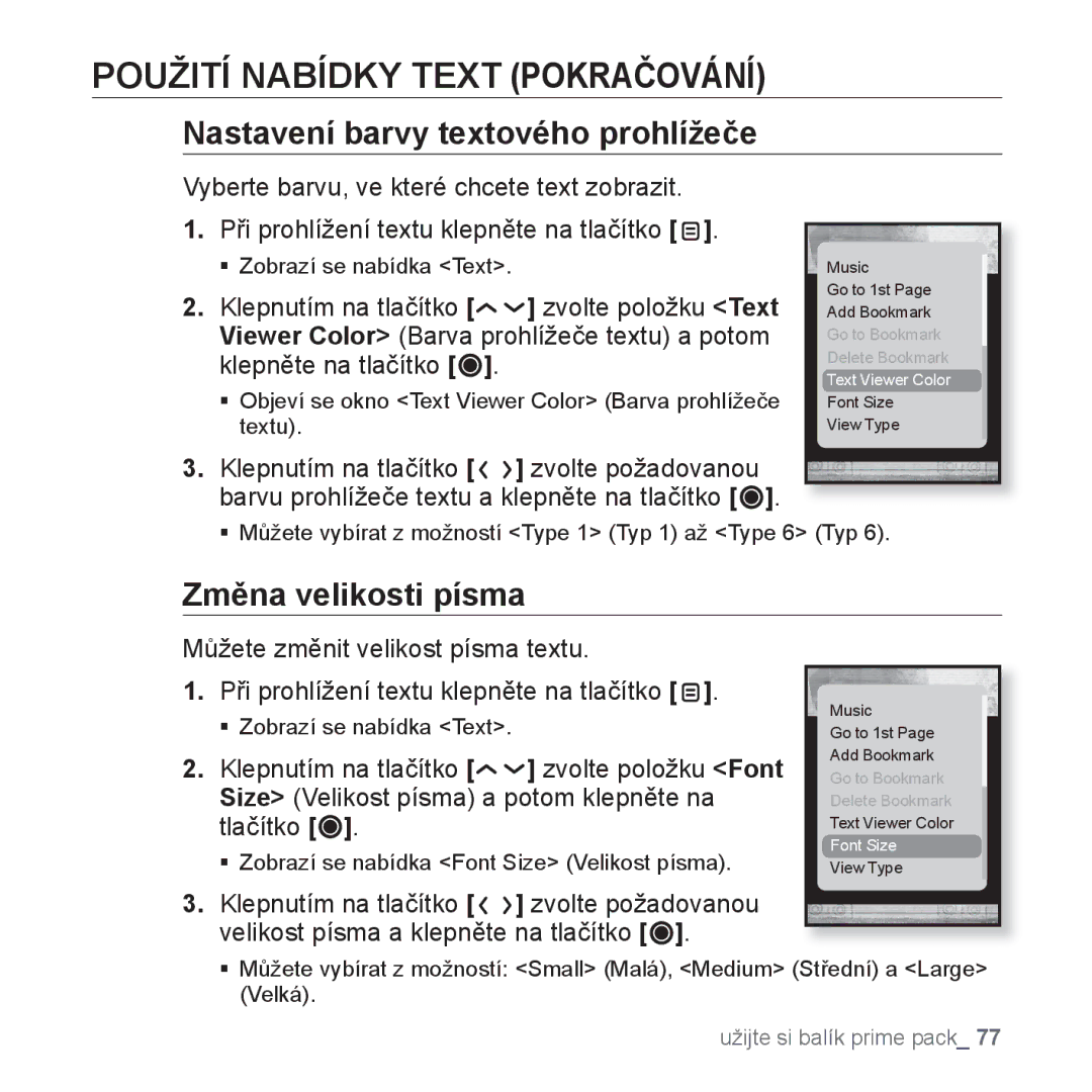 Samsung YP-T10JQG/XEO, YP-T10JQW/XEO, YP-T10JCB/XEO manual Nastavení barvy textového prohlížeče, Změna velikosti písma 