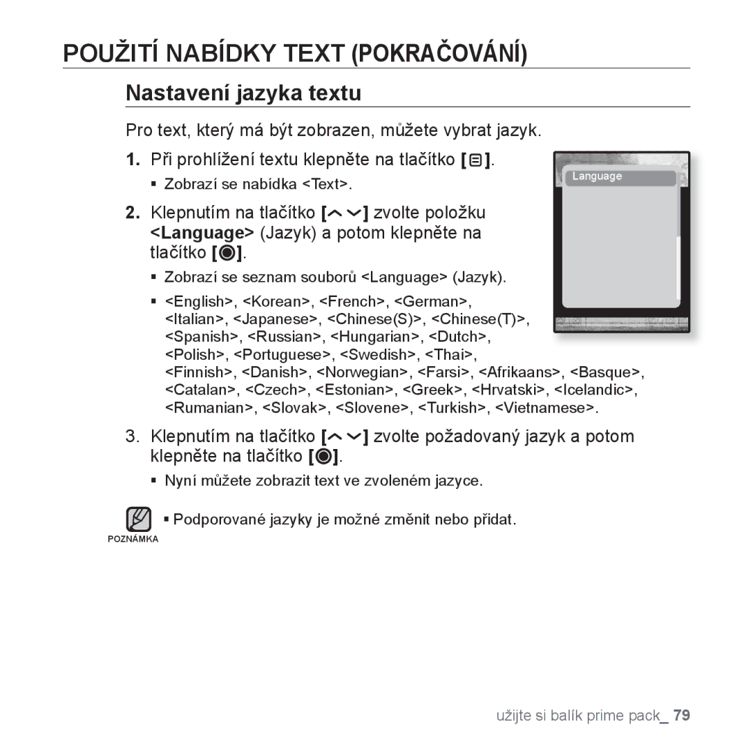 Samsung YP-T10JCB/XEO, YP-T10JQW/XEO, YP-T10JAB/XEO, YP-T10JQB/XEO, YP-T10JQR/XEO, YP-T10JQG/XEO manual Nastavení jazyka textu 