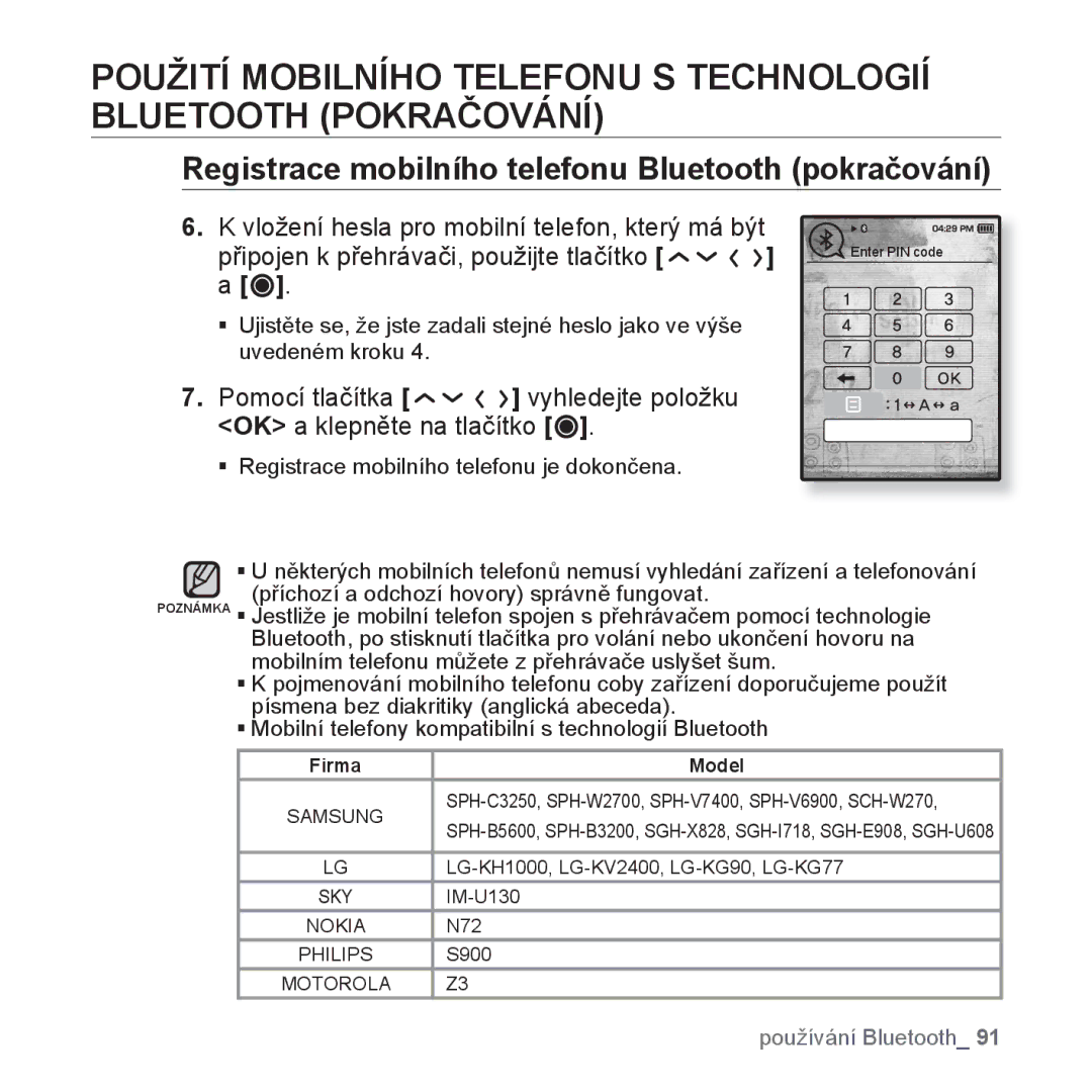 Samsung YP-T10JCB/XEO, YP-T10JQW/XEO, YP-T10JAB/XEO, YP-T10JQB/XEO manual Registrace mobilního telefonu Bluetooth pokračování 