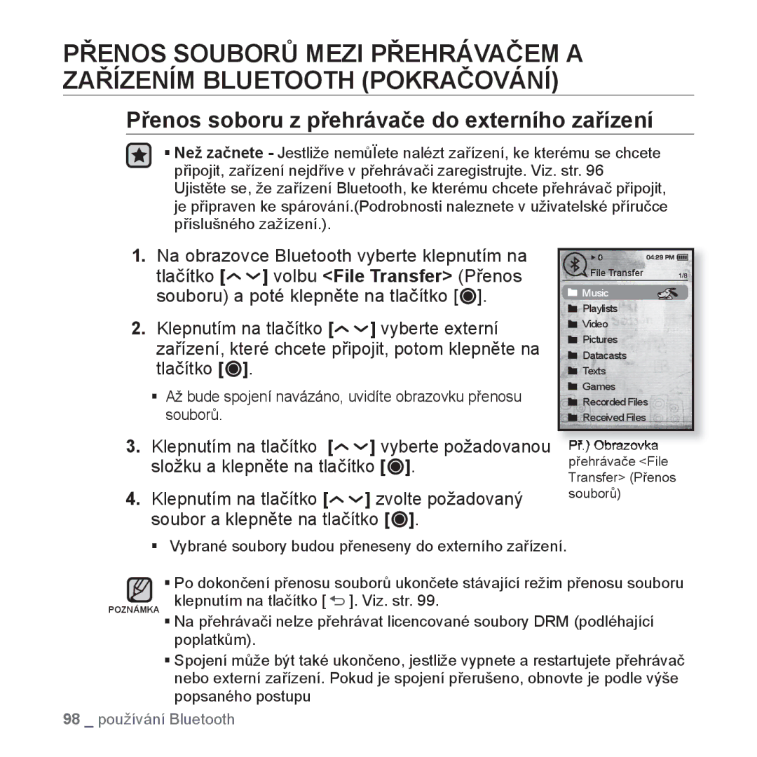 Samsung YP-T10JAB/XEO, YP-T10JQW/XEO, YP-T10JCB/XEO, YP-T10JQB/XEO manual Přenos soboru z přehrávače do externího zařízení 