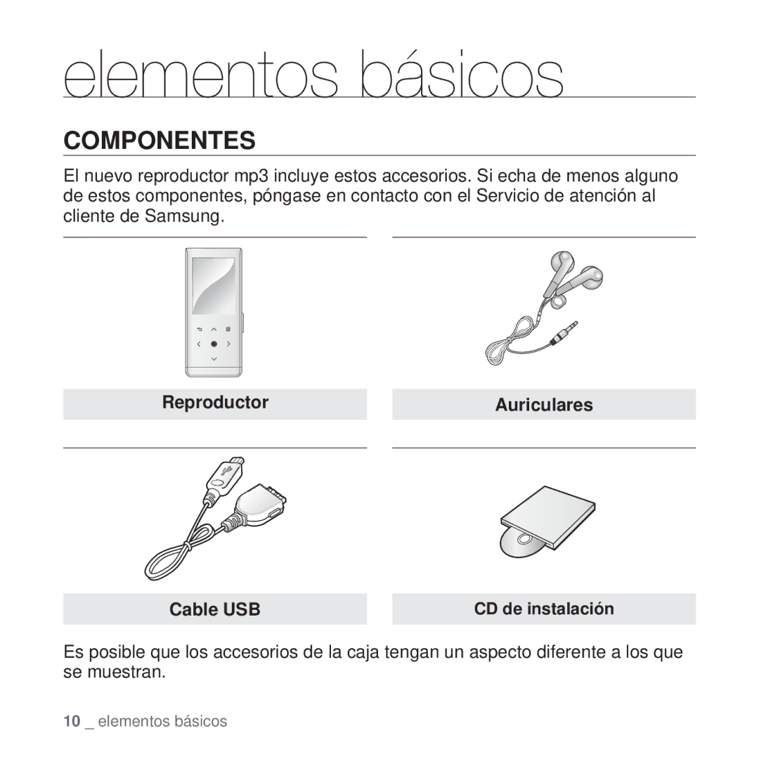 Samsung YP-T10JAG/XEO, YP-T10JQW/XET, YP-T10JAB/XET, YP-T10JAW/XET manual Componentes, ReproductorAuriculares Cable USB 