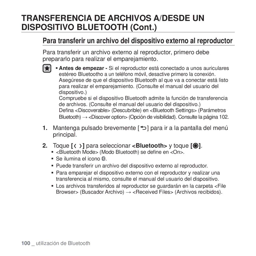 Samsung YP-T10JAG/XEO, YP-T10JQW/XET, YP-T10JAB/XET manual Transferencia DE Archivos A/DESDE UN Dispositivo Bluetooth 