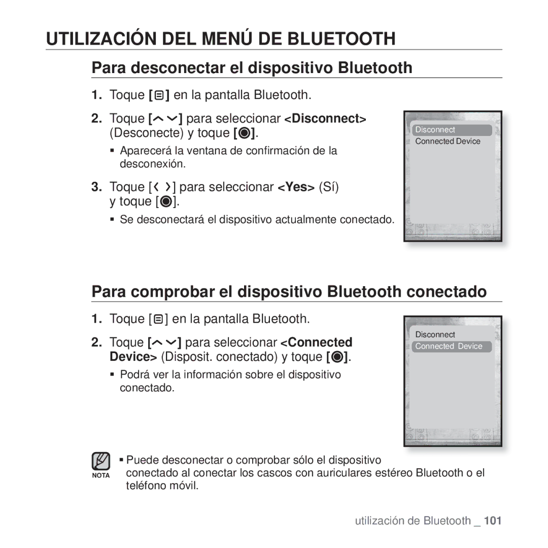 Samsung YP-T10JCB/XEO, YP-T10JQW/XET manual Utilización DEL Menú DE Bluetooth, Para desconectar el dispositivo Bluetooth 