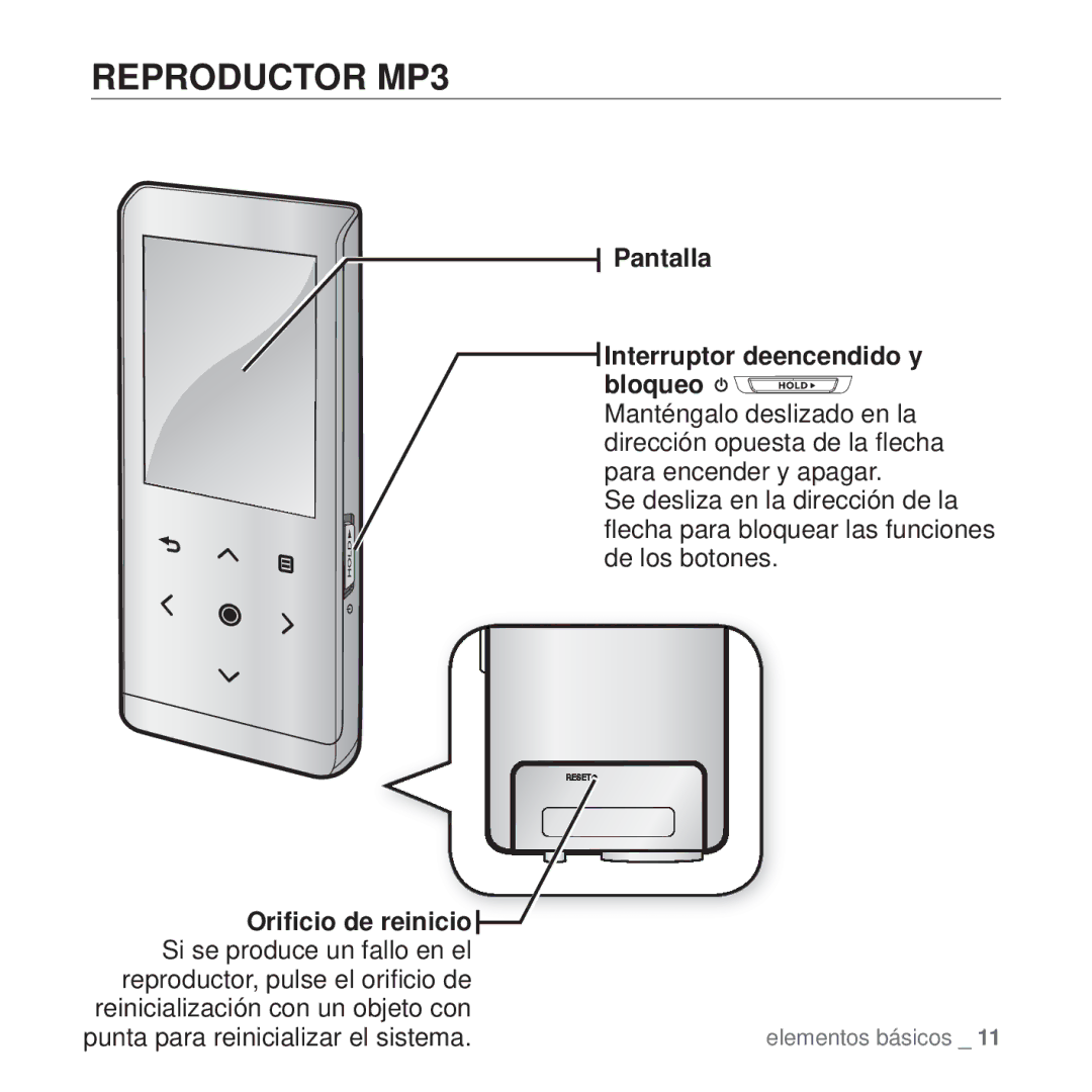 Samsung YP-T10JCB/XEO, YP-T10JQW/XET, YP-T10JAB/XET, YP-T10JAW/XET, YP-T10JQR/XET manual Reproductor MP3, Oriﬁcio de reinicio 