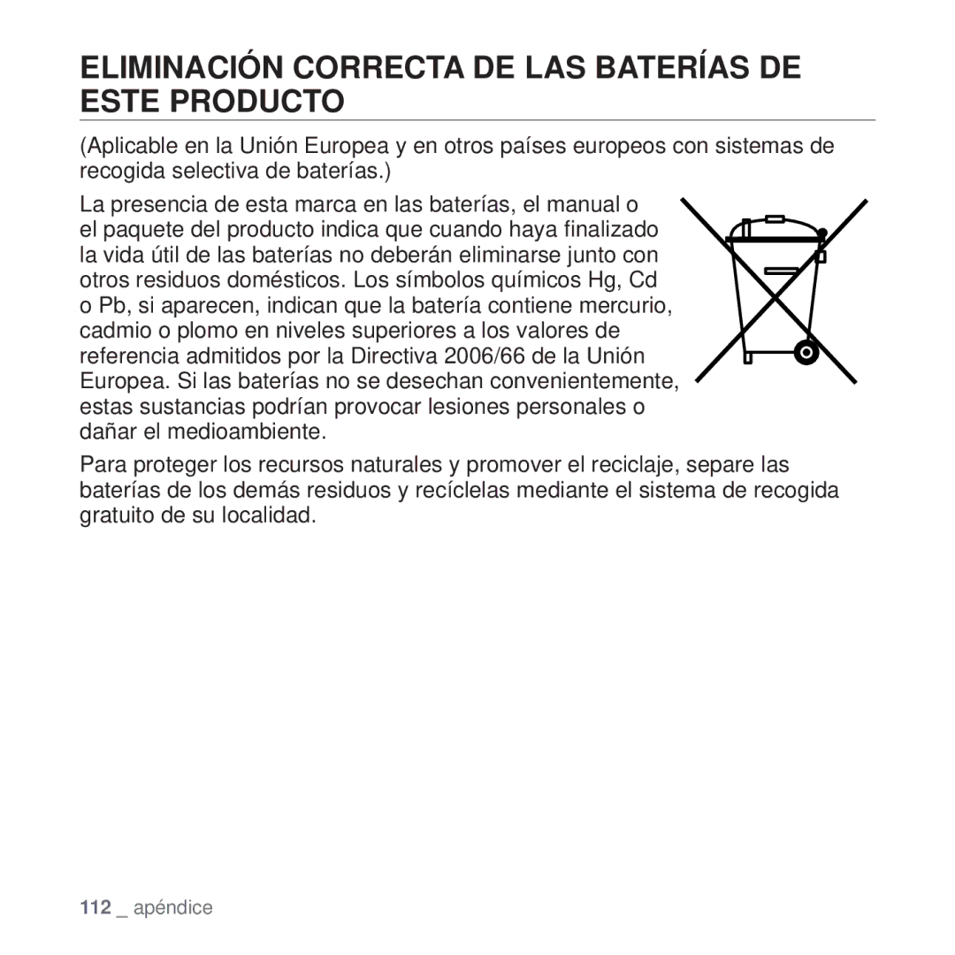 Samsung YP-T10JQBH/XET, YP-T10JQW/XET, YP-T10JAB/XET, YP-T10JAW/XET Eliminación Correcta DE LAS Baterías DE Este Producto 