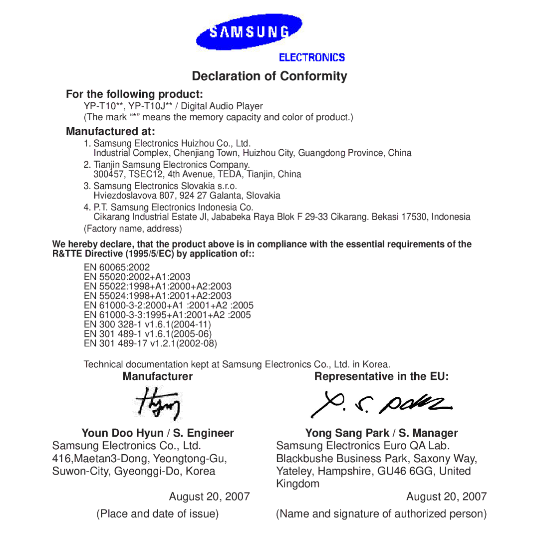 Samsung YP-T10JCB/XET, YP-T10JQW/XET, YP-T10JAB/XET, YP-T10JAW/XET manual Declaration of Conformity, For the following product 