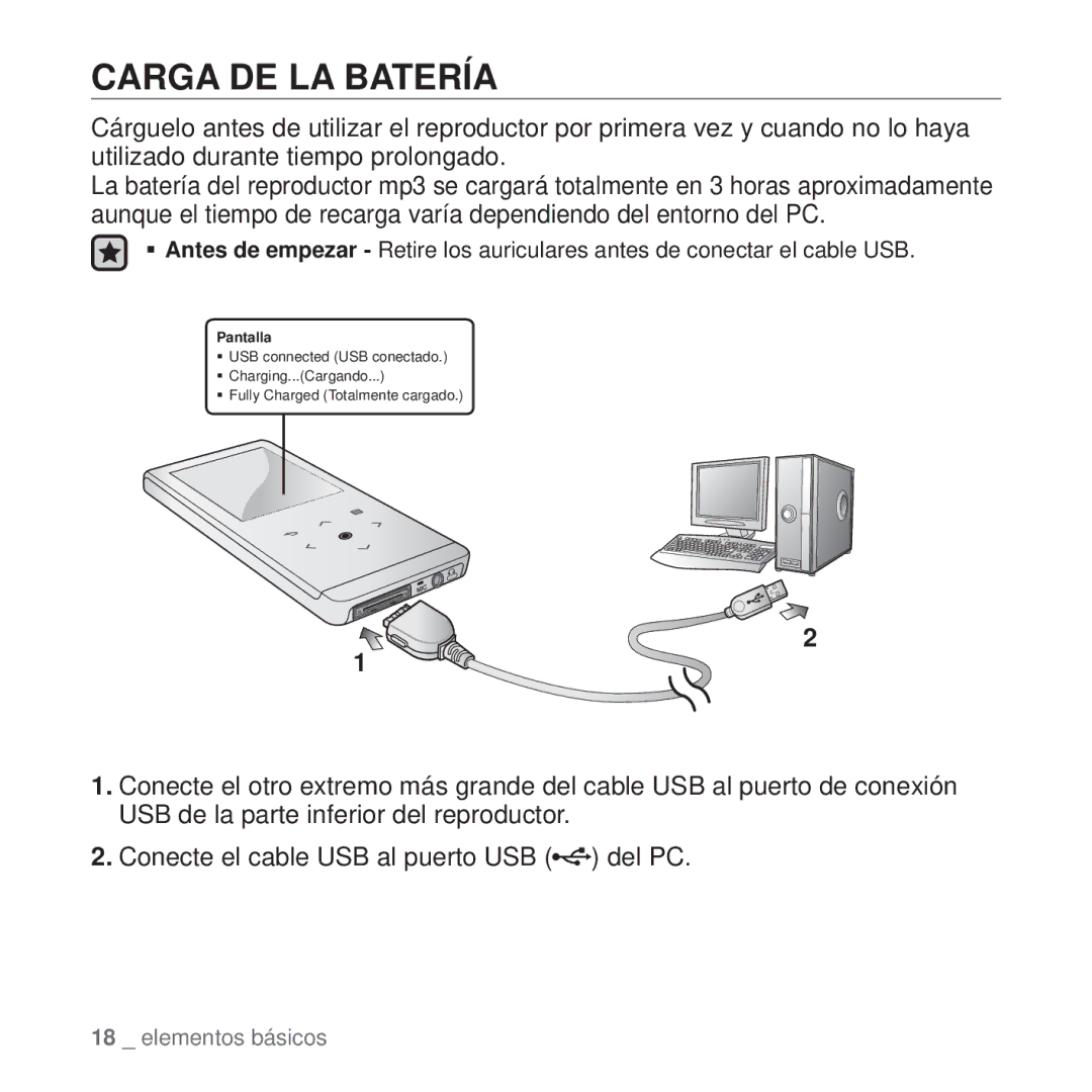 Samsung YP-T10JQW/XET, YP-T10JAB/XET, YP-T10JAW/XET, YP-T10JQR/XET, YP-T10JQBH/XET, YP-T10JCB/XET manual Carga DE LA Batería 