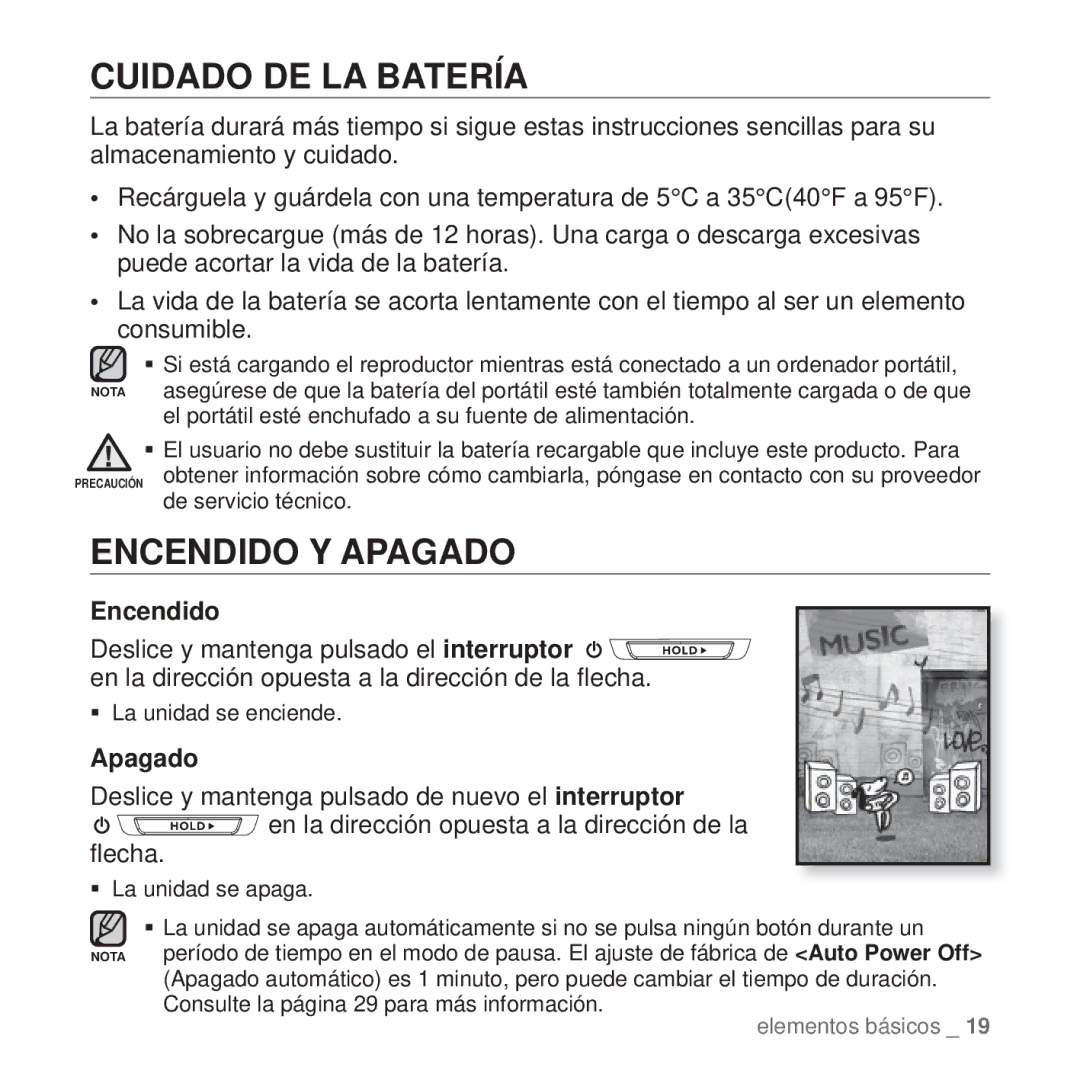 Samsung YP-T10JAB/XET, YP-T10JQW/XET, YP-T10JAW/XET, YP-T10JQR/XET, YP-T10JQBH/XET Cuidado DE LA Batería, Encendido Y Apagado 