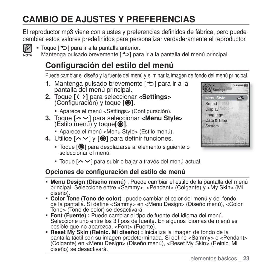 Samsung YP-T10JCB/XET, YP-T10JQW/XET, YP-T10JAB/XET manual Cambio DE Ajustes Y Preferencias, Conﬁguración del estilo del menú 