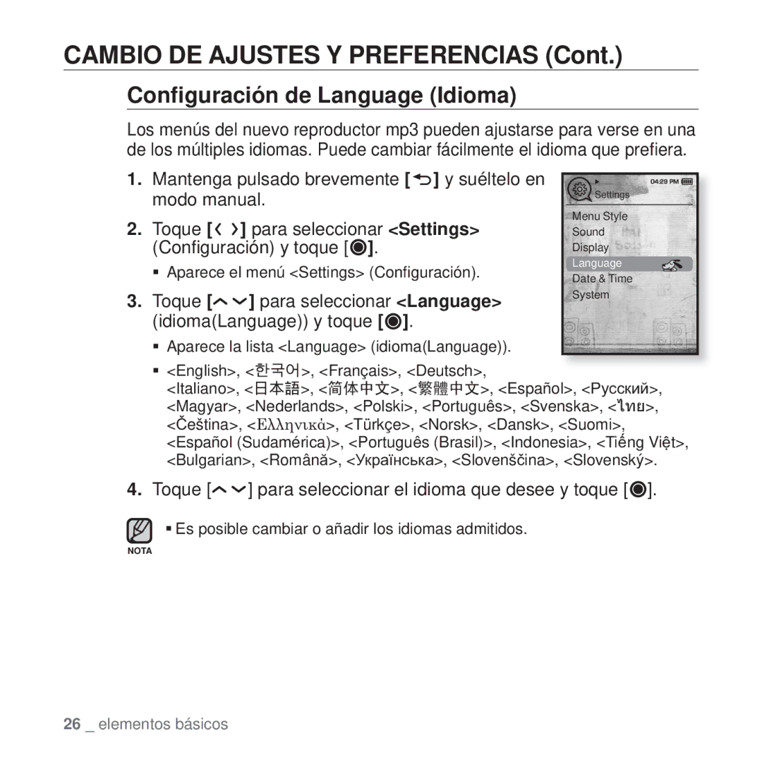 Samsung YP-T10JQU/XEO, YP-T10JQW/XET Conﬁguración de Language Idioma, Toque para seleccionar el idioma que desee y toque 