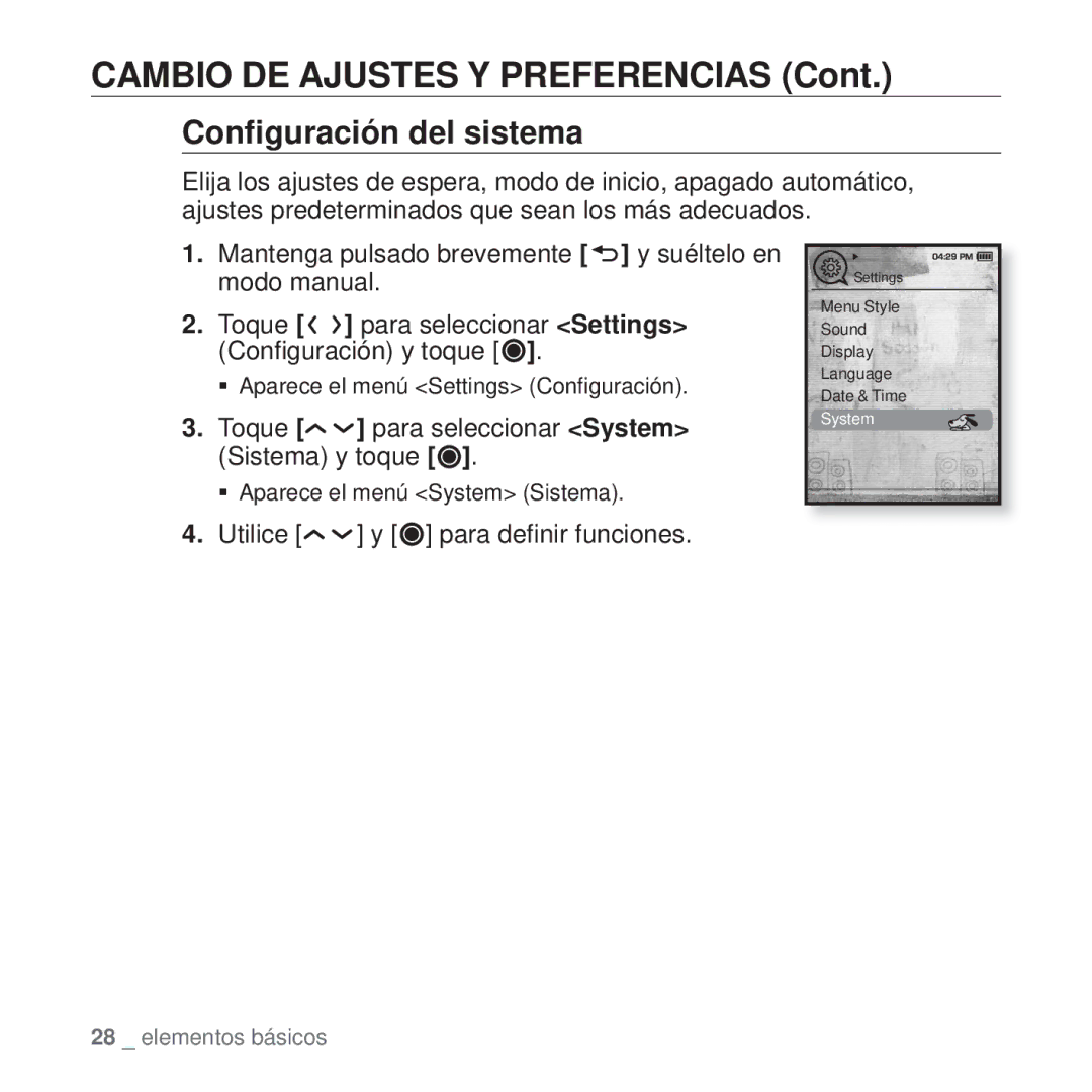 Samsung YP-T10JAG/XEO, YP-T10JQW/XET manual Conﬁguración del sistema, Toque Para seleccionar System, Sistema y toque 