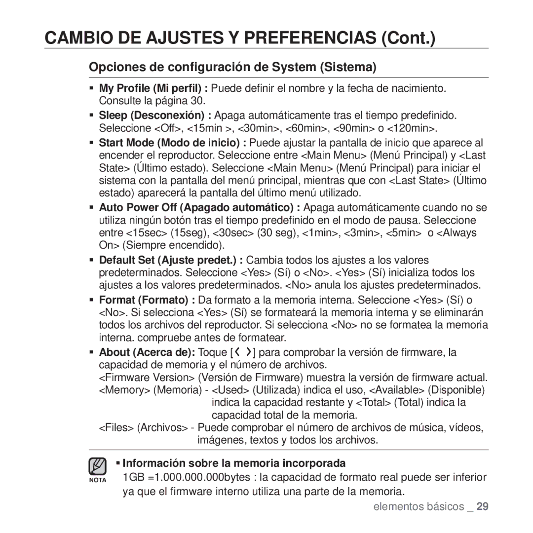 Samsung YP-T10JCB/XEO manual Opciones de conﬁguración de System Sistema, ƒ Información sobre la memoria incorporada 