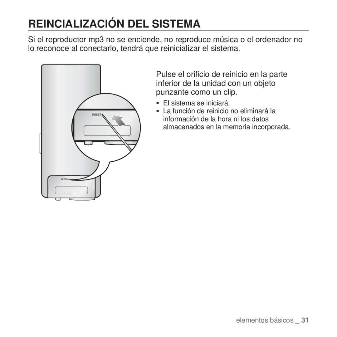 Samsung YP-T10JAB/XEO, YP-T10JQW/XET, YP-T10JAB/XET, YP-T10JAW/XET, YP-T10JQR/XET, YP-T10JQBH/XET Reincialización DEL Sistema 