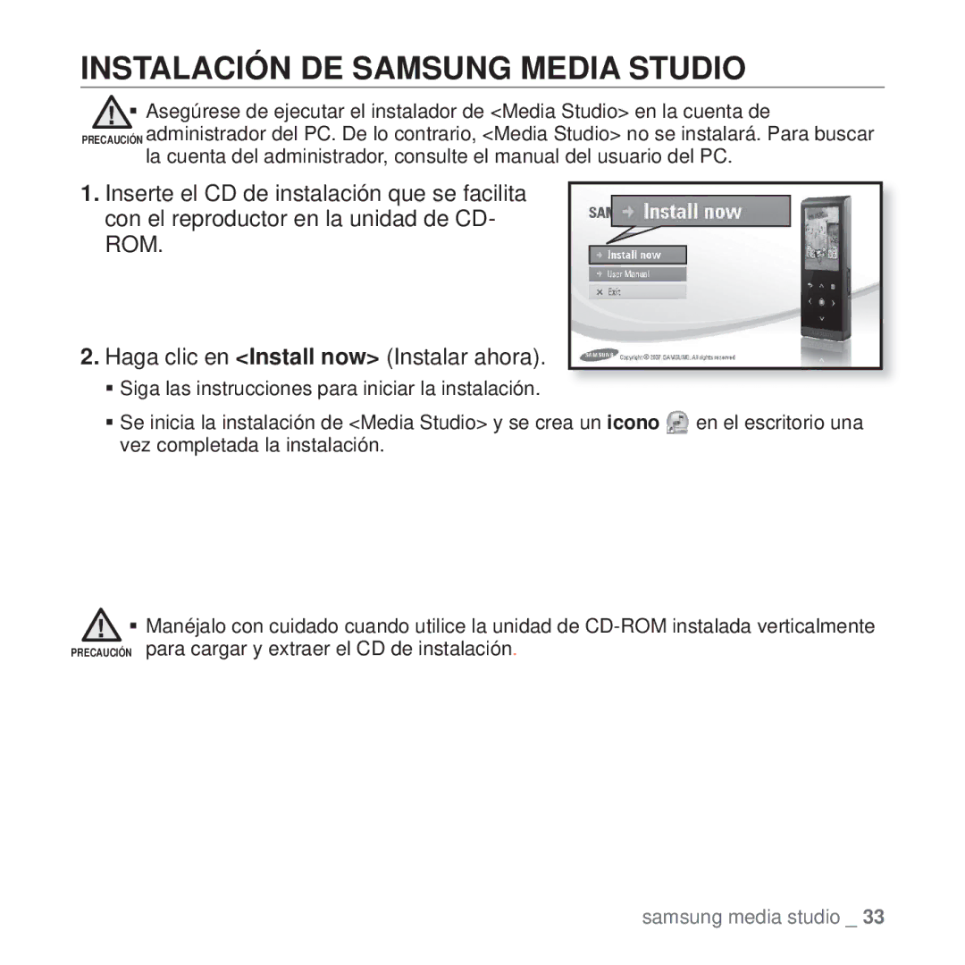 Samsung YP-T10JQB/XEO, YP-T10JQW/XET, YP-T10JAB/XET, YP-T10JAW/XET, YP-T10JQR/XET manual Instalación DE Samsung Media Studio 