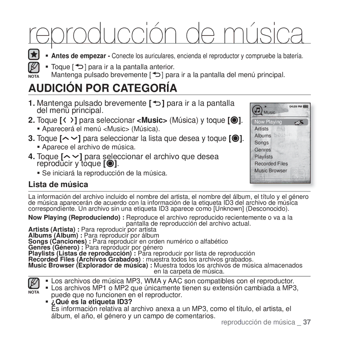 Samsung YP-T10JAB/XET, YP-T10JQW/XET, YP-T10JAW/XET, YP-T10JQR/XET, YP-T10JQBH/XET Audición POR Categoría, Lista de música 