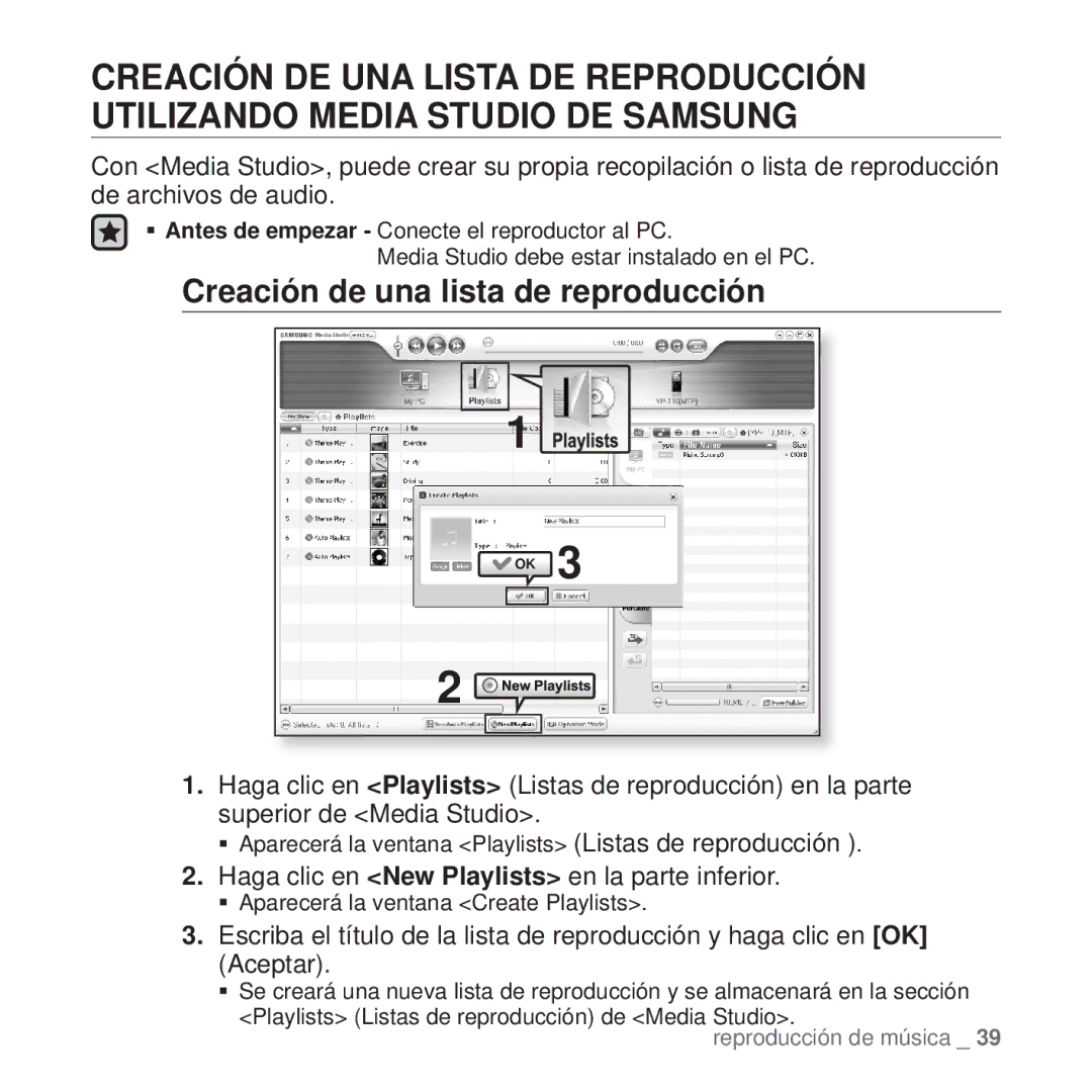 Samsung YP-T10JQR/XET manual Creación de una lista de reproducción, Haga clic en New Playlists en la parte inferior 