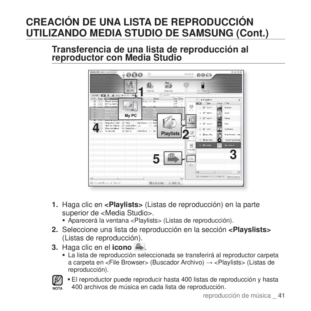 Samsung YP-T10JCB/XET, YP-T10JQW/XET, YP-T10JAB/XET, YP-T10JAW/XET, YP-T10JQR/XET, YP-T10JQBH/XET manual Reproducción de música 