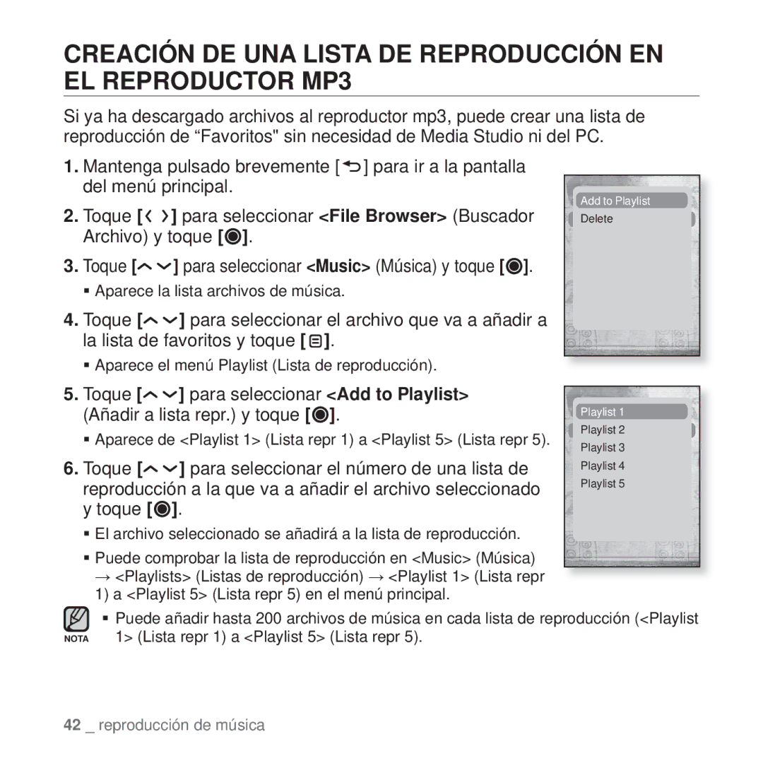 Samsung YP-T10JQG/XET, YP-T10JQW/XET, YP-T10JAB/XET manual Creación DE UNA Lista DE Reproducción EN EL Reproductor MP3 