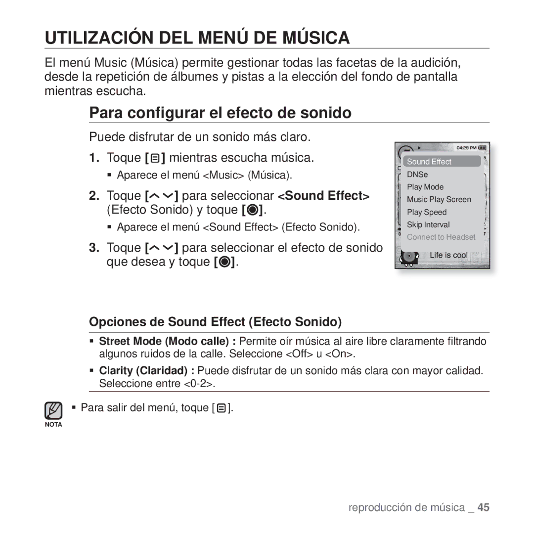 Samsung YP-T10JQW/XEO, YP-T10JQW/XET, YP-T10JAB/XET manual Utilización DEL Menú DE Música, Para conﬁgurar el efecto de sonido 