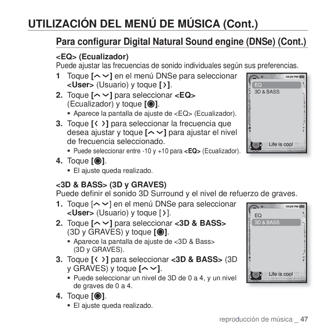 Samsung YP-T10JCB/XEO, YP-T10JQW/XET, YP-T10JAB/XET manual EQ Ecualizador, 3D & Bass 3D y Graves, 3D y Graves y toque 