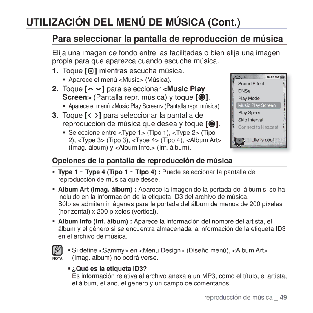 Samsung YP-T10JAB/XEO, YP-T10JQW/XET, YP-T10JAB/XET, YP-T10JAW/XET Para seleccionar la pantalla de reproducción de música 