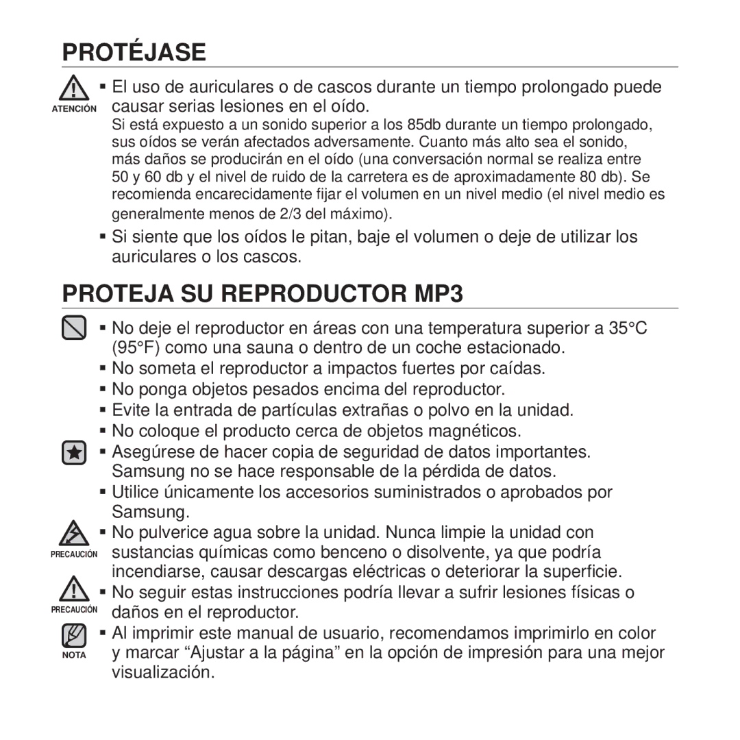 Samsung YP-T10JCB/XET, YP-T10JQW/XET, YP-T10JAB/XET, YP-T10JAW/XET, YP-T10JQR/XET, YP-T10JQBH/XET Proteja SU Reproductor MP3 