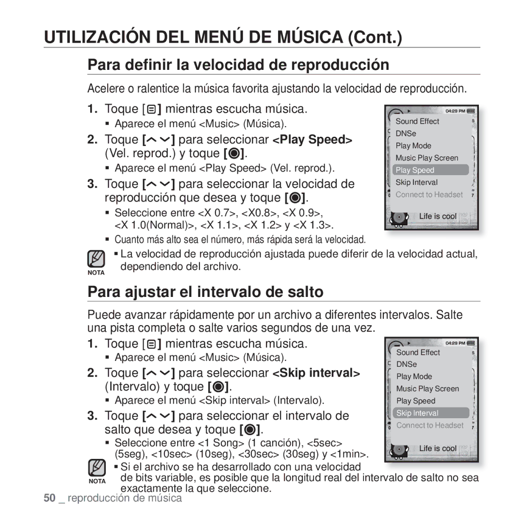 Samsung YP-T10JAW/XEO, YP-T10JQW/XET manual Para deﬁnir la velocidad de reproducción, Para ajustar el intervalo de salto 