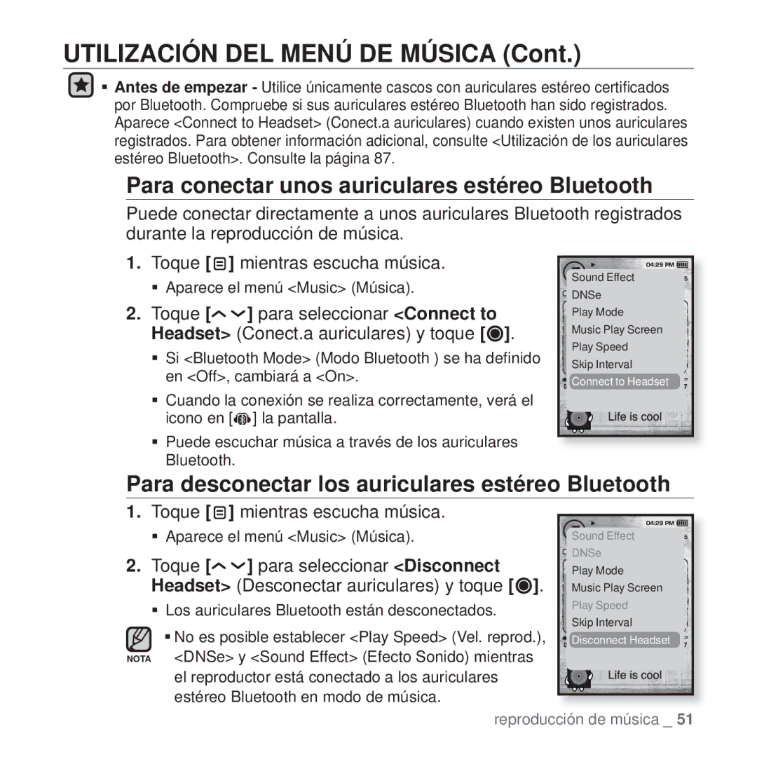 Samsung YP-T10JQB/XEO Para conectar unos auriculares estéreo Bluetooth, Para desconectar los auriculares estéreo Bluetooth 