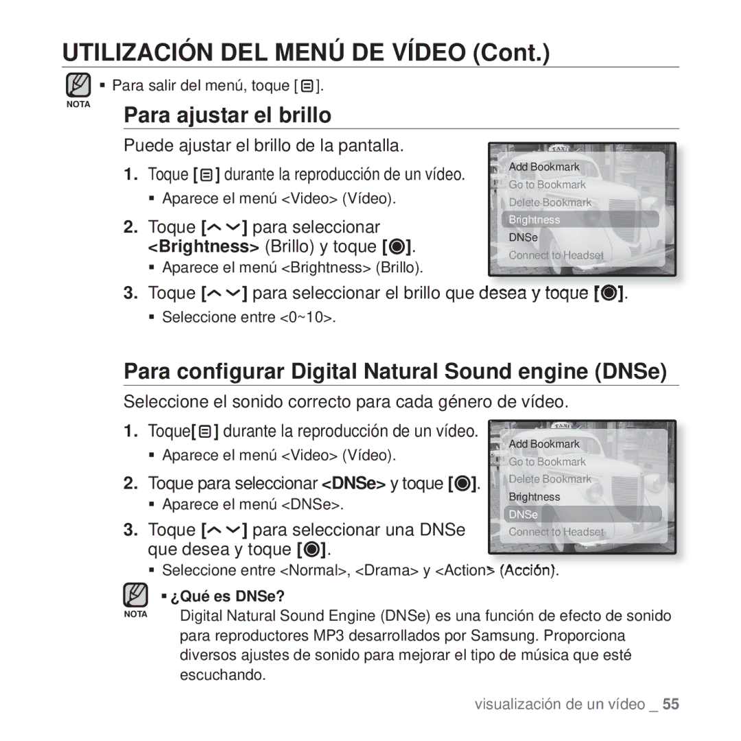 Samsung YP-T10JAB/XET, YP-T10JQW/XET, YP-T10JAW/XET, YP-T10JQR/XET Utilización DEL Menú DE Vídeo, Para ajustar el brillo 