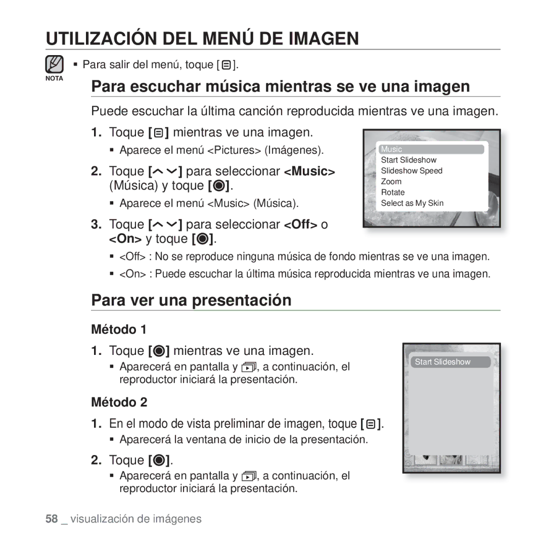 Samsung YP-T10JQBH/XET manual Utilización DEL Menú DE Imagen, Para escuchar música mientras se ve una imagen, Método 