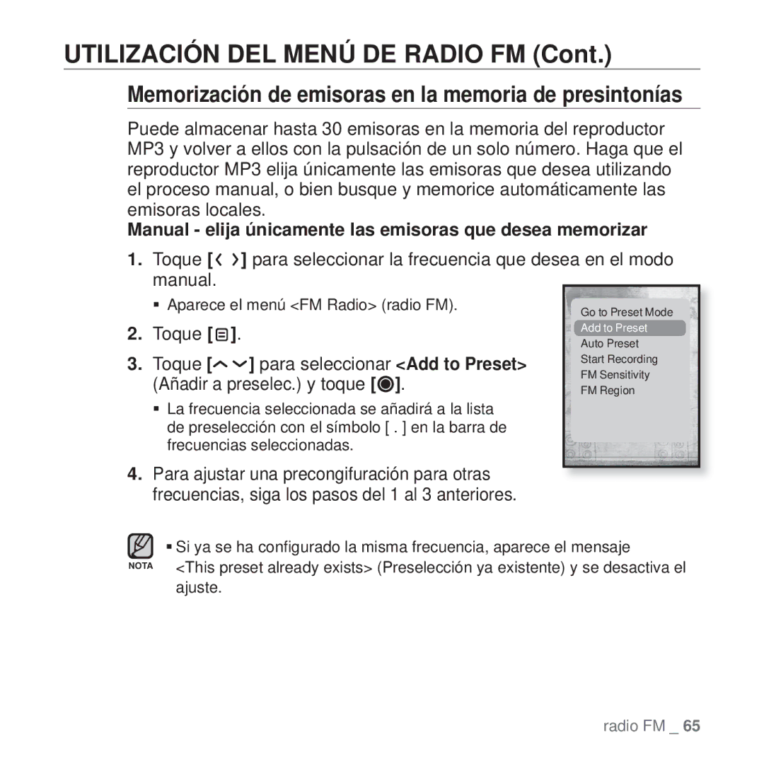 Samsung YP-T10JCB/XEO manual Utilización DEL Menú DE Radio FM, Memorización de emisoras en la memoria de presintonías 